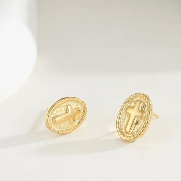 “Stone Textured Cross” Oval Ball Beaded Frame Christian Holy Gold Stainless Stud